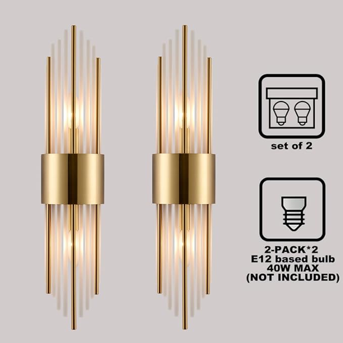 2-Light Modern Crystal Wall Sconces Titanium Gold Frosted Glass | Gold Vanity Wall Light Luxury Set of 2 Wall Light Fixtures for Bedroom Living Room Dining Room Vanity Mirror Light