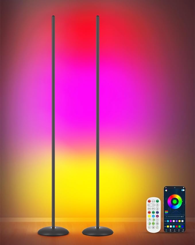 Corner Floor Lamp, 2-Pack RGB LED Floor Lamps for Living Room | APP & Remote Control, Dimmable 16 Million Color Changing & 213 Scenes, Music Sync, Standing LED Lights for Bedroom