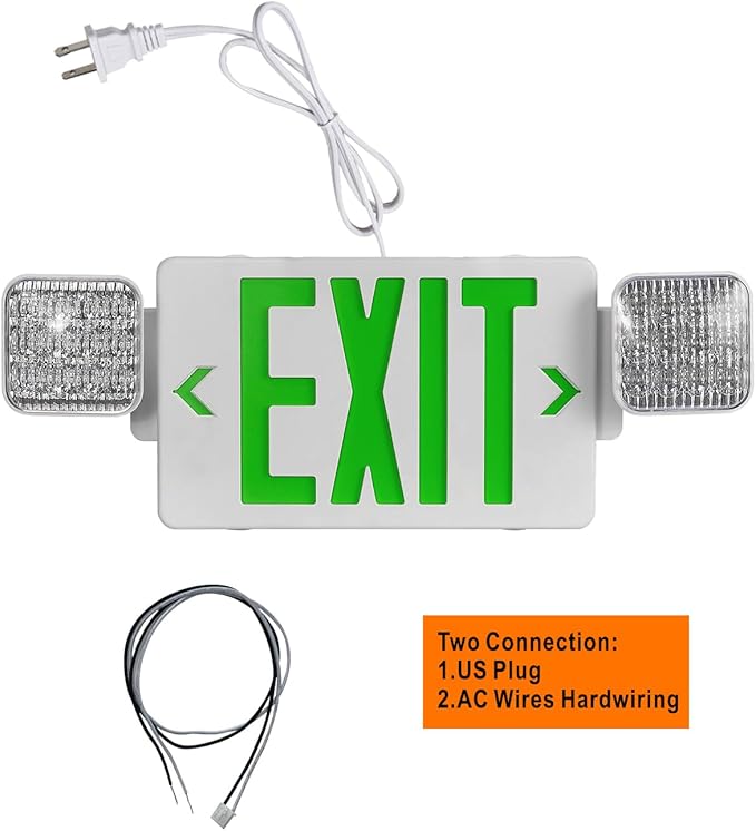 GZRUIYANG Exit Sign with Emergency Lights Green, LED Emergency Exit Light with Battery Backup, UL 924 Certified, AC 120/277V, Commercial Emergency Lights Combo with Plug, Green