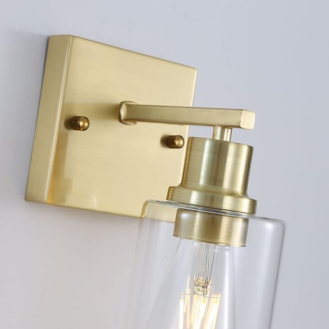 1-Lights Gold Bathroom Light Fixture, Brushed Brass Vanity Light with Clear Glass Shade, Modern Bath Wall Lights for Living Room, Hallway, Bedroom