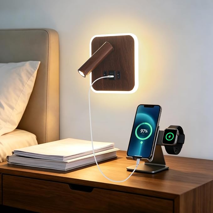 Plug in Wall Sconce with Wall Mounted Reading Lights with Switch | Wall Lamp for Bedroom with Charging Station USB C+A Ports,Bunk Bed Lights with 3W+9W Night Light,Walnut Color Reading Light