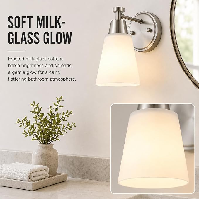 1-Light Bathroom Vanity Light, Brushed Nickel Finish Wall Sconce with Milk Glass, Over Mirror, for Bathroom Vanity