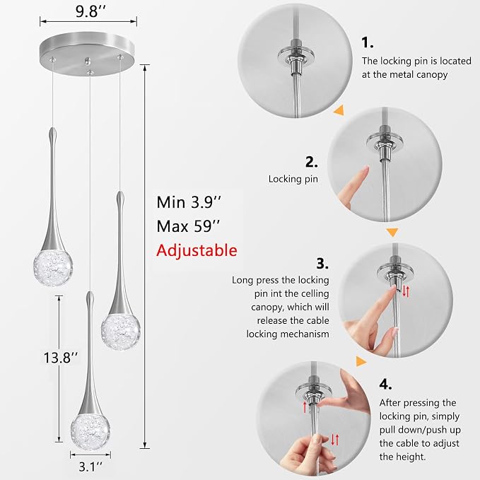 3-Lights Modern Pendant Lights for Kitchen Island LED Dimmable Crystal Glam Ceiling Pendant Lighting Chandelier for Dining Room Hallway Bedroom Corner Lamp Brushed Nickel