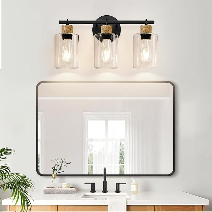 MOKATNG Bathroom Light Fixtures, 3-Light Farmhouse Vanity Lights with Hemp Rope, Black Bathroom Wall Lamp for Mirror Kitchen Hallway Cabinet