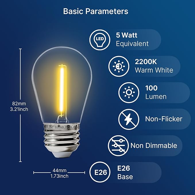 FLSNT 24 Pack LED S14 Replacement Light Bulbs, Shatterproof Waterproof 1W Outdoor String Light Bulbs, E26 Regular Base, 2200K Warm White, CRI80, Non-Dimmable