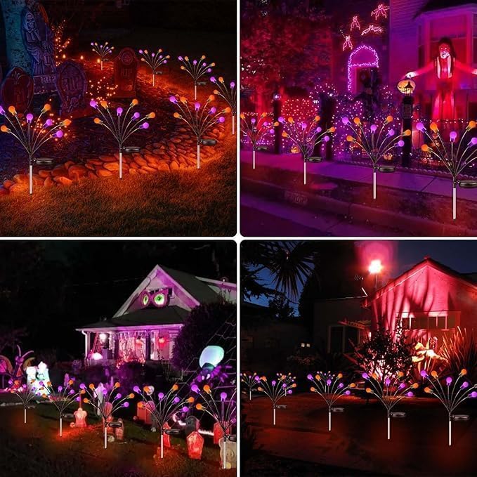 OZS 6 Pack Solar Halloween Lights Outdoor, 48 LED Purple Orange Firefly | Waterproof IP65, Swaying Effect, 2 Modes, for Garden Pathway Patio Yard Lawn Decor, Halloween Decorations