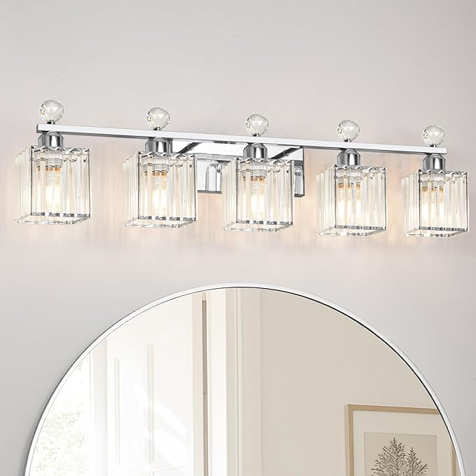 Bathroom Vanity Lights Over Mirror - Easy Installation with Clear Guide, 5-Light Shadow-Free Design, Chrome Crystal Finish - for Modern Home Bathroom Lighting Fixtures in DIY Projects