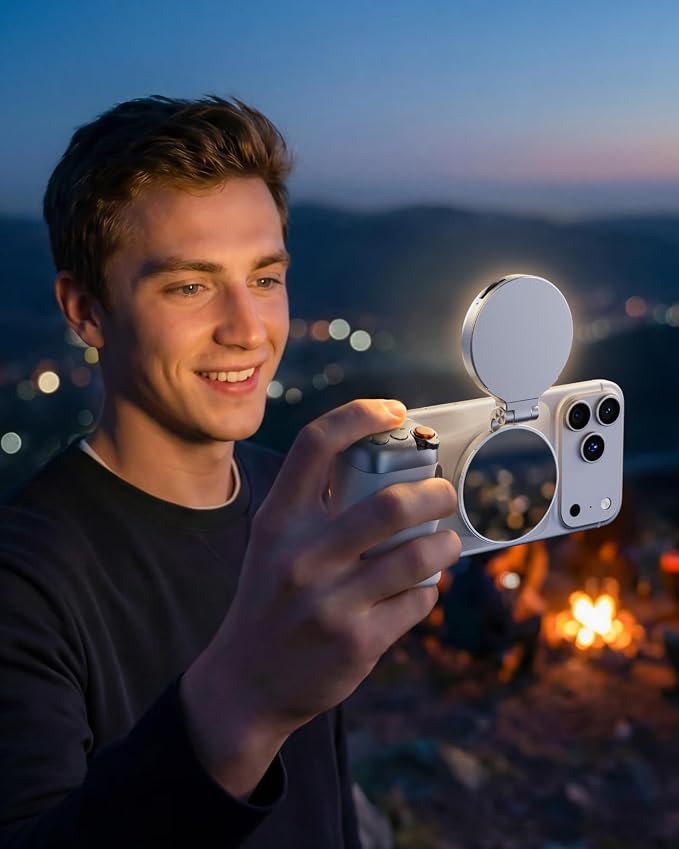 TELESIN 4-in-1 RGB Selfie Light with Mirror for Phone | 4 in 1 Magnetic RGB Light with Makeup Mirror and Phone Stand, Rechargeable Clip-On Light for TikTok, Vlog, Selfie, Makeup