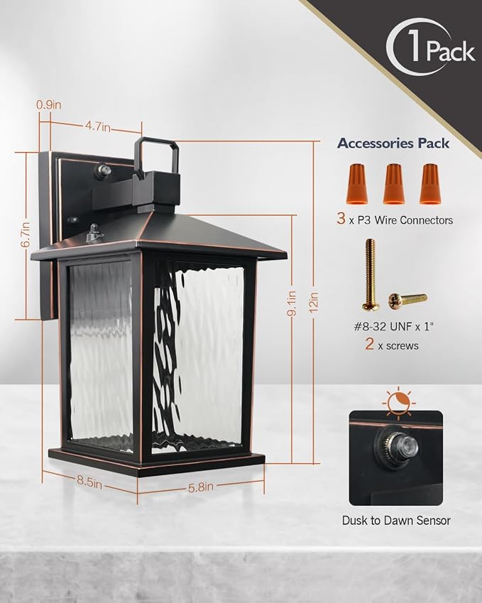Dusk to Dawn Porch Light, Oil-Rubbed Bronze Outdoor Light Fixture | 1-Pack Outdoor Wall Light with Water Ripple Glass, Hardwired Aluminum Outside Wall Lantern, E26 Socket, Bulb Not Included