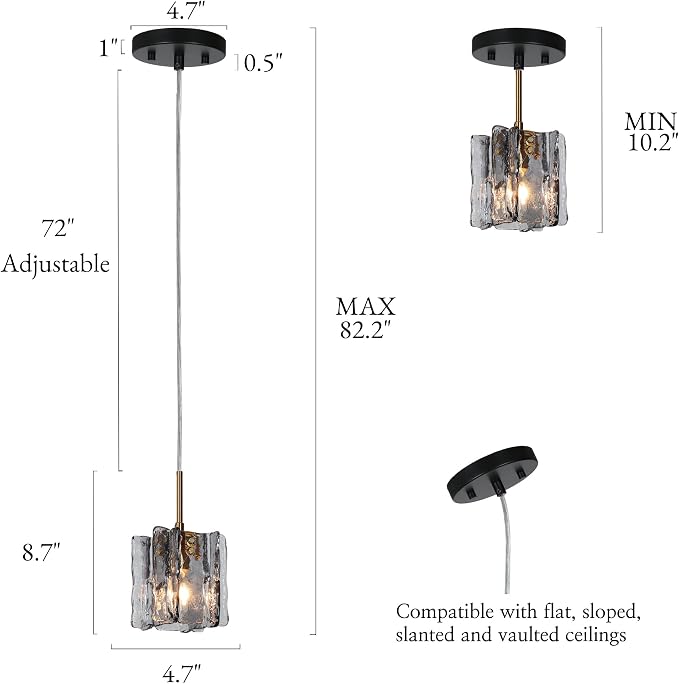 KSANA Pendant Lights Kitchen Island, 4.7'' Black and Plating Brass Kitchen Pendant Lighting Over Island, Modern Hanging Light Fixtures with Handcrafted Smoky Textured Glass