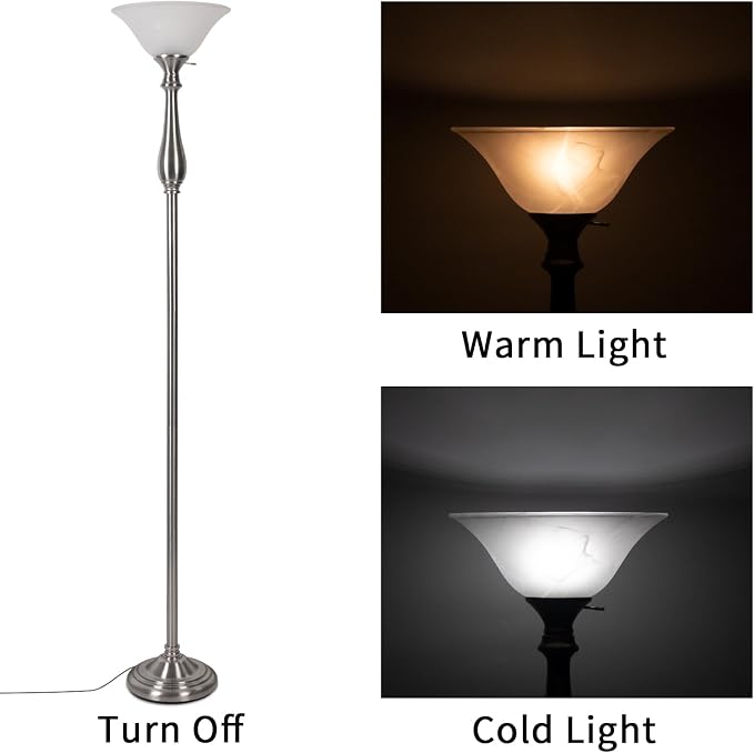 Torchiere Floor Lamps for Living Room Bedroom, 72" Tall Alabaster Glass Bowl Shade with No Bulb, Standing Lamp Iron Brushed Nickel for Corner,Office, Home Decor