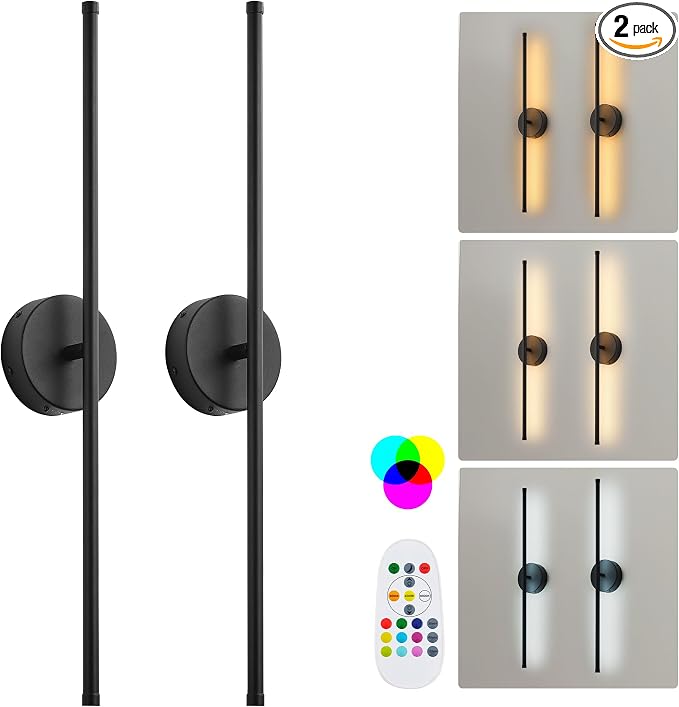 KARTOOSH Battery Operated Wall Sconces Set of Two Wireless Wall Lights | Rechargeable Wall Sconce with Remote 350°Rotate Dimmable RGB 3CCT LED Wall Lamp for Living Room, Bedroom