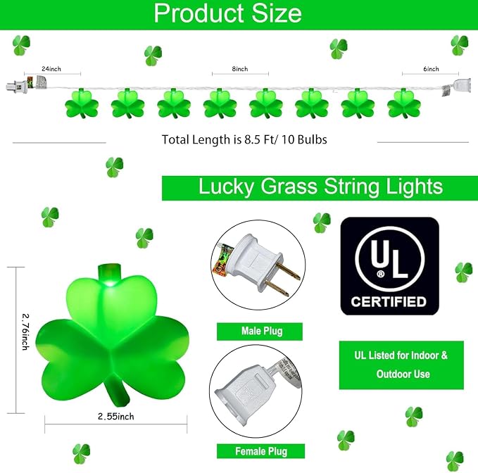 Shamrock String Lights, 8.5Ft St Patrick's Day Decorations with 10 LED Solid Green Clover Lights, Plug in Clover Fairy String Lights for Party Bar Garden Bedroom Party Irish Holiday Decor