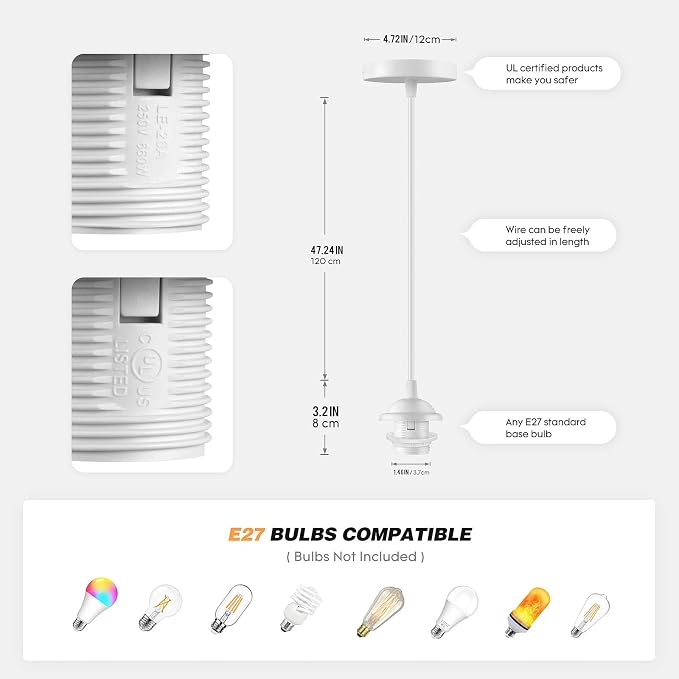 White Pendant Light Kit, Vintage Hanging Light Kit, Hardwired Lamp Kit | E26 E27 Ceiling Pendant Light Fixture, Adjustable Lamp Socket Pendant Light Wiring Kit Ceiling Light Kit, No Bulb