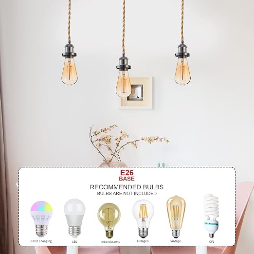 15.4ft Pendant Light Cord Kit, Industrial Vintage Plug in E26 Socket Hanging Light with Switch, Hemp Rope Hanging Light Fixture for Pendant Lamp Farmhouse Lamp Cable DIY