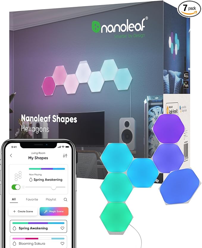 Nanoleaf Shapes Hexagon Lights, Smart RGBW LED Wall Light Panels, 7PK | Compatible with Alexa Google Assistant, Home Wall Decor for Living Room with Music Sync, Smarter Kit