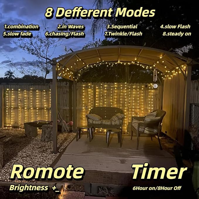300LED Fairy Curtain Lights, 9.8x9.8Ft Warm White USB Plug in 8 Modes & Timer Christmas String Hanging Lights with Remote for Bedroom Indoor Outdoor Weddings Party Wall Decorations(Warm White)