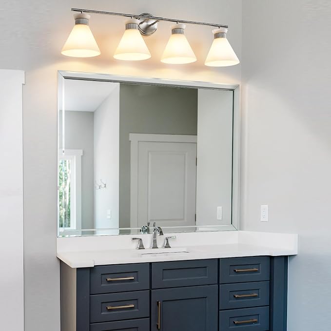 WOSHITU Bathroom Light Fixtures: Brushed Nickel 4 Lights Bathroom Vanity Lights Over Mirror with Milky White Frosted Glass Shade, 36 inch Farmhouse Vanity Lighting Sconce (Exclude E26 Bulb)