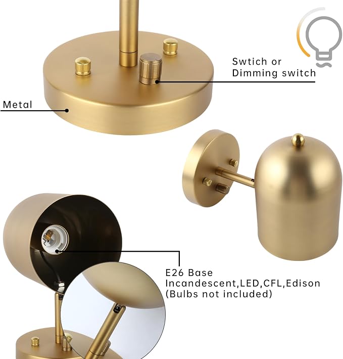Modern Dimmable Wall Sconce Hardwired | Brass Finish Wall Light Lamp Adjust Light Head, E26 Bulb Base Reading Wall Lighting Decor for Living Room Bedroom Hallway