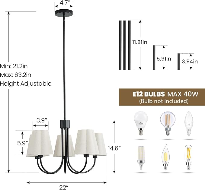 RUIYEY Modern Dining Room Chandelier - 23" 5-Light Gold Farmhouse Chandeliers with White Fabric Shades, Adjustable Hanging Dining Room Light Fixture, E12 Hardwired Ceiling Light for Kitchen Island