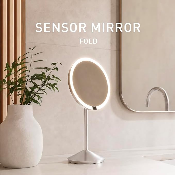 simplehuman Sensor Mirror Fold, 5'' with 10X Magnification, Round Rechargeable Travel Makeup Mirror, Tru-Lux® Full-Spectrum Light, Adjustable Brightness & Height, Brushed Stainless Steel
