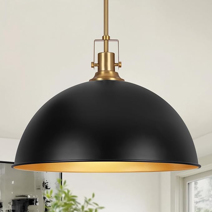 LamQee 18 Inch Black and Gold Large Pendant Light Kitchen Island, Farmhouse Modern Dome Pendant Light Fixtures Ceiling Hanging Lighting Chandelier for Dining Room Over Table, Bar, Hallway, Entryway