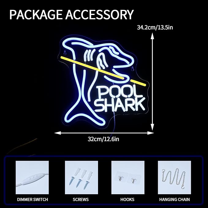 Pool Shark Neon Sign for Wall Decor Dimmable Led Lights Signs Billiards LED Signs for Game Room Shark Neon Light Room Decor for Bar Pub Club Man Cave Decoration Boys Gift