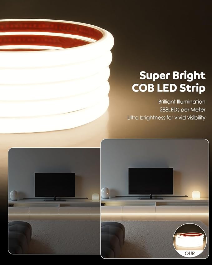 Aclorol AC 110V COB LED Strip Light Natural White 6FT/2M 576LEDs Flexible LED Rope Lights Outdoor Waterproof with 4.92ft Long Power Cable for Under Cabinets Bookshelf Living Room Shed Lighting 4000K