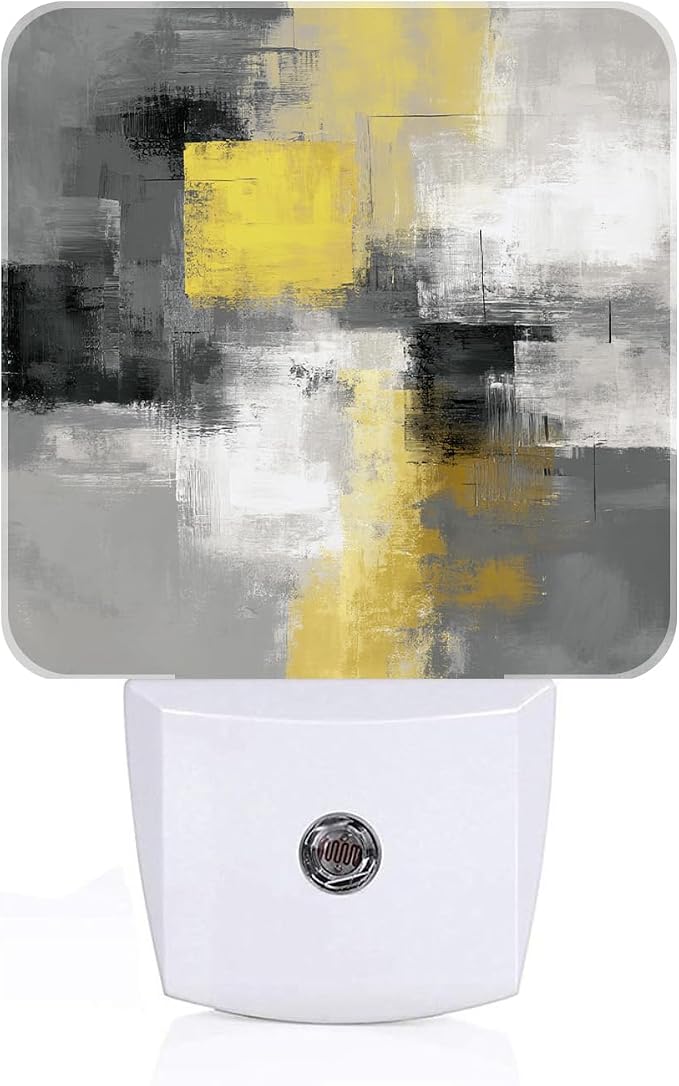 Abstract Oil Painting Night Light,Grey and Yellow Plug Into Wall with Dusk to Dawn Light Sensors, Warm Nightlights for Bedroom,Bathroom,Hallway,Kitchen,Gifts Ideal for Boys Girls Women Men