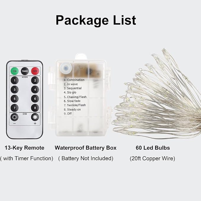 GDEALER 2 Pack 20 Ft 60 LED Fairy Lights, Battery-Operated, Warm White | Remote Control, Timer, 8 Lighting Modes, 10 Brightness Levels, Silver Wire Twinkle Lights for Bedroom, Party and Indoor Decor