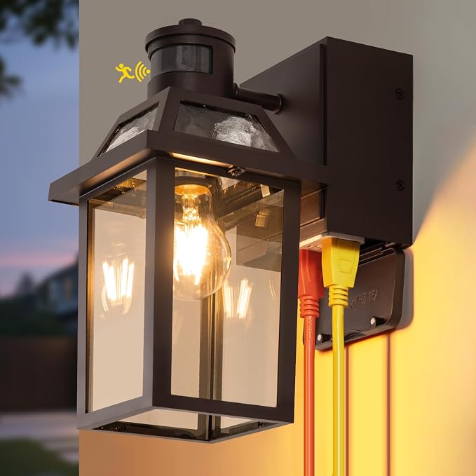 Yisuro Porch Lights with GFCI Outlet, Dusk to Dawn Motion Sensor Outdoor Light, 3 Lighting Modes Exterior Fixture, Outside for House Front Door Patio Garage(1 Pack Brown)