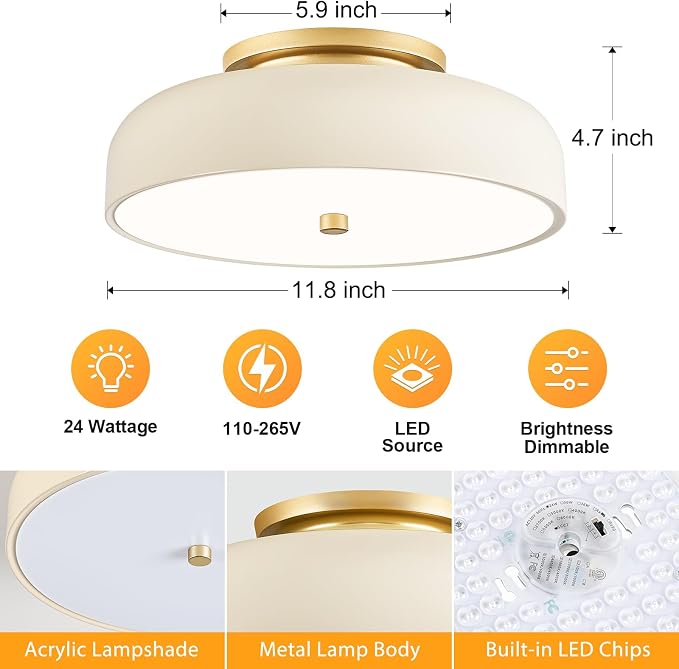 Dimmable LED Ceiling Light Fixture, Cream White, 5CCT, 11.8 Inch | Modern Mid-Century Semi Flush Mount Ceiling Light, Kitchen Close to Ceiling Lamp for Laundry Room, Bedroom, Hallway