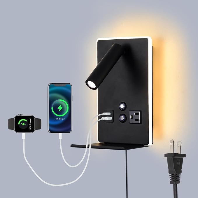 Wall Mounted Reading Light with Shelf - 3 Color Dimmable LED, 360° Adjustable Wall Lamp for Bedroom/Study, Touch Control (Black)