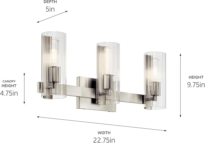 Kichler Jemsa 3 Light Vanity, Modern Light with Clear Fluted Glass in Brushed Nickel for Bathroom or Powder Room (9.75" x 22.75"), 55168NI