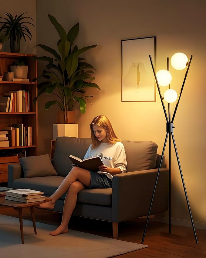 Lightdot 60IN Dimmable Black Tripod Floor Lamp Mid Century Standing Lamps with 3Pcs 3000K Bulbs Included Eye Care&Stable Base Modern Tall Lamp for Living Room/Sofa Beside/Corner Decor