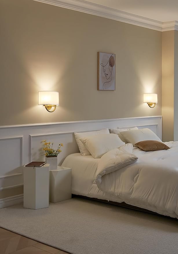 Industrial 2-Lights Wall Sconce Fixture with White Fabric Shade, Double Arm Wall Light Lamps Decor for Hallway Bedroom Living Room Bathroom Stairway