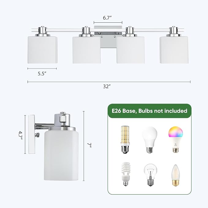 32 Inch Chrome Bathroom Light Fixtures Over Mirror 4 Light Bathroom Vanity Light Silver Modern Industrial Makeup Lighting Wall Sconce Shower Farmhouse Rustic Milk Glass Lamp Above Desk Sink