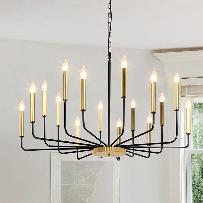 Black and Gold Chandelier, 16-Light Farmhouse Chandelier for Dining Room Lighting Fixtures Hanging, Industrial Modern Chandeliers for Dining Room Living Room Foyer Entry Staircase Kitchen