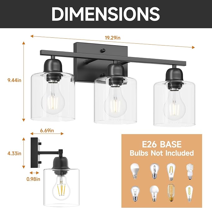 Modern 3 Light Bathroom Light Fixtures, 19 inch Black Vanity Lights For Bathroom With Clear Glass, Bathroom Lighting Fixtures Over Mirror For Mirror Kitchen Living Room Hallway Cabinet Porch