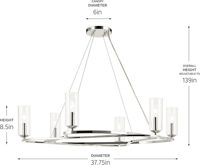 Kichler Harpin 6-Light Chandelier, Sloped Ceiling Compatible, for Dining Room or Living Room with Clear Glass in Polished Nickel (8.5" x 37.75"), 52771PN