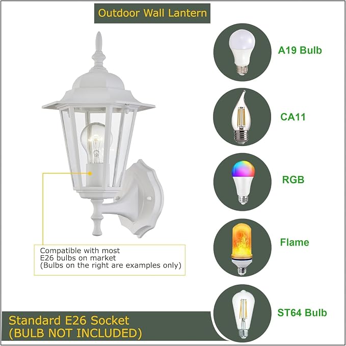 WISBEAM 2 Pack Outdoor Wall Light, White Wall Sconce for House Porch Lighting Fixture, E26 Base 60W Max, Metal Housing Plus Glass, Wet Location Rated, ETL Qualified, Bulbs not Included