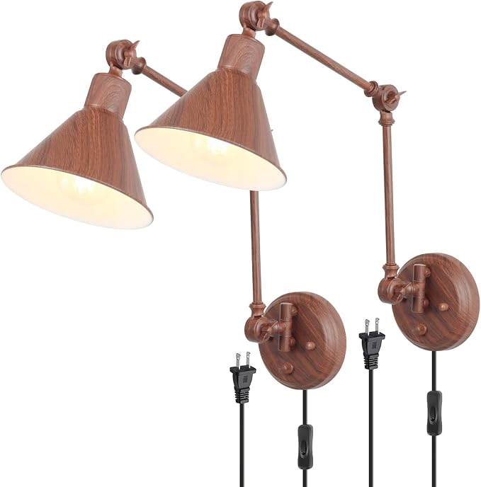 TRLIFE Plug in Wall Sconces, Dimmable Wall Sconces Set of 2 Plug in Swing Arm Wall Lights, Adjustable Wall Mounted Light Wall Lights with 6FT Plug in Cord, E26 Base(Two Arms, Walnut Color)