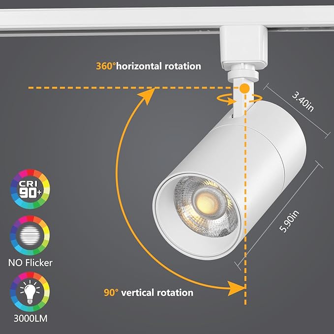 VANoopee 3-Color 30W H Track Lighting Heads Dimmable Bright LED Track Lighting Fixtures Accent Task Retail Kitchen Ceiling Spotlight Track Light H Type Pack of 4 - Flicker Free CRI90+ 36° 3000lm White
