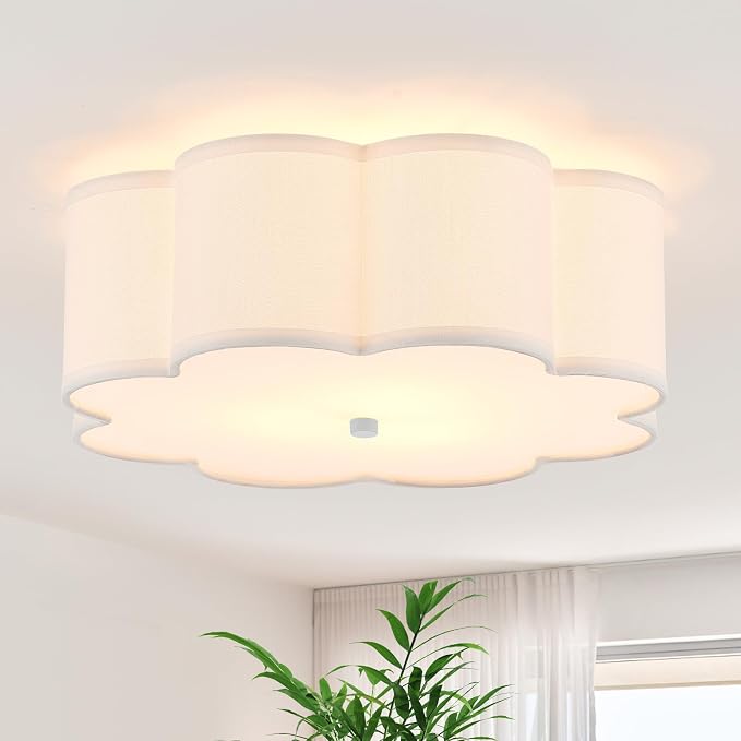 17.7" White Semi Flush Mount Ceiling Light, Linen 3-Light Fixture | White Linen Petal Shade, Modern Style For Bedroom, Hallway,Kitchen And Laundry; Close-To-Ceiling, E26, Dimmable