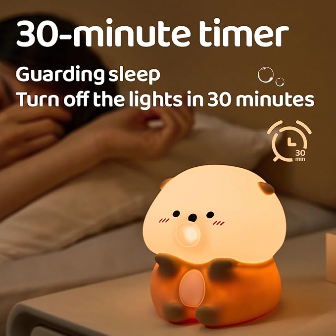 Bubble Blowing Otter Night Light, 3-Level Dimmable USB Rechargeable Lamp with Timer, Soothing Animal Toy for Nursery Bedroom Dorm Decor, Gift for Boys Girls Teens Adults