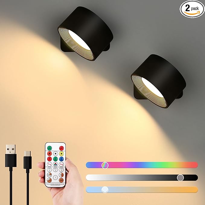 Lightess 2PC LED Wall Sconces, 19 Colors Dimmable Wall Mounted Lamp with 5000mAh Rechargeable Battery, 360°Rotate Magnetic Ball, Touch & Remote Control, Cordless Wall Light for Reading Bedside