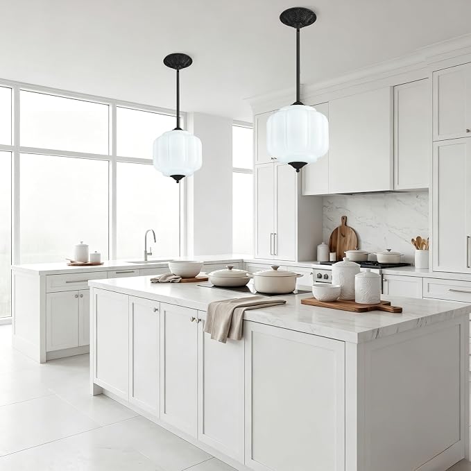 LOUSACE 10 Inch Vintage Milk White Glass Ceiling Light Fixture, Semi Flush Mount Pendant Lights with Black Aluminium Base for Kitchen Hallway Bedroom Dining Room - E12 Bulb Included