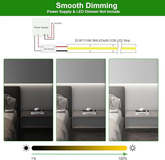 JOYLIT COB LED Strip 24V 32.8FT 6000K 7650LM Dimmable for Cabinets, Closets | CRI 90+, 120° Narrow Beam, 384 LEDs/m Cool White, Dot-less No Dark Spot, Cuttable , Easy Peel & Stick ( Strip Only )