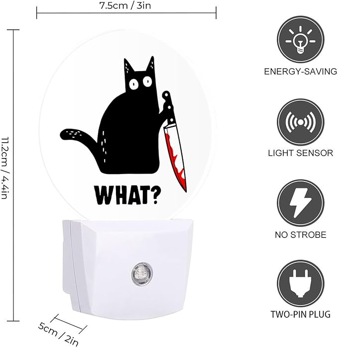 Round LED Night Light,Black Cat and Knife What LED Night Light Plug into Wall with Dusk to Dawn Light Sensor White Energy Efficient Nightlight for Bedroom Bathroom Hallway Living Room Kitchen