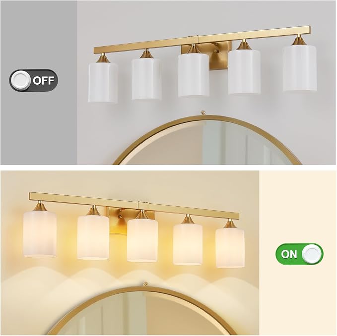 ZHU YAN Gold Vanity Lights for Bathroom, 5-Light Bathroom Vanity Light Fixtures, Milky White Glass Shades Wall Lamp,E26 Socket, for Mirror Living Room Bedroom Standard